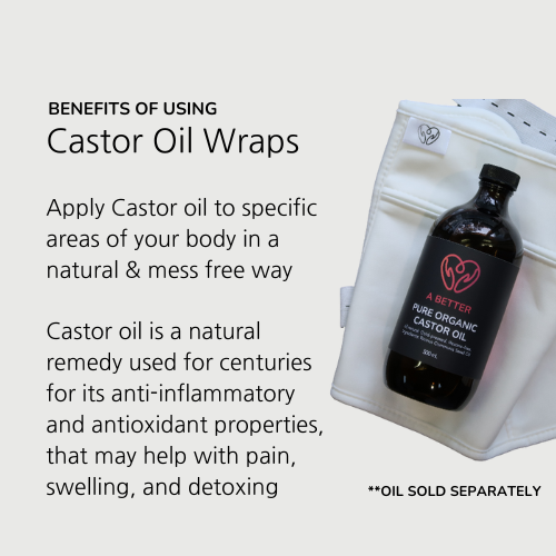 List of the benefits of using castor oil wraps with photo of castor bottle and wrap
