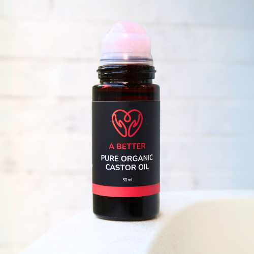 Pure Organic Castor Oil Roll-On 50mL - Amber Glass Bottle Rose Quartz Roller