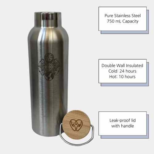 Pure Stainless Steel Double Wall Insulated Water Bottle - Mind Body Spirit Design - Black - - A Better Marketplace