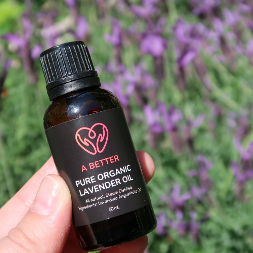 Bottle of lavender oil with lavender flowers in the background.