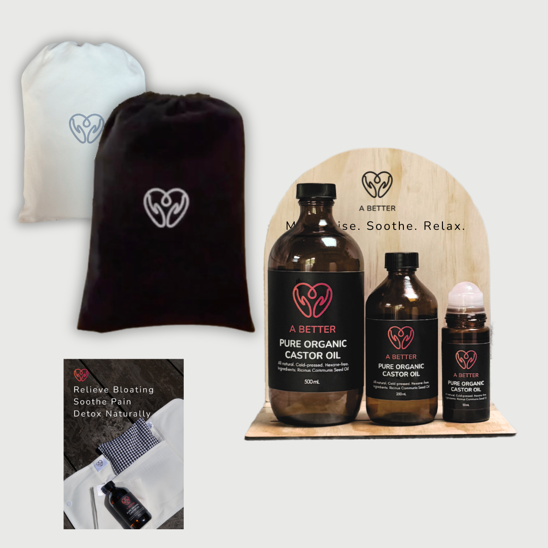 Collection of A Better Pure Organic Castor Oil products with packaging on a white background