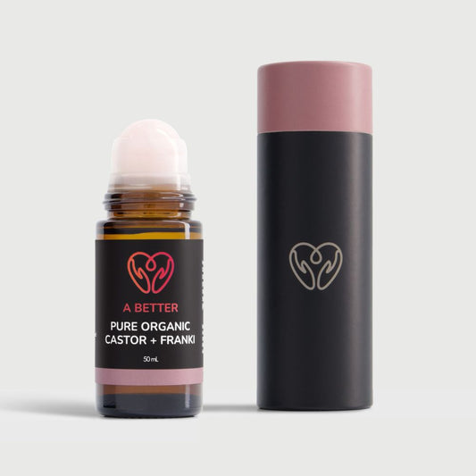 Pure Organic Castor Oil and Frankincense Roll-On 50mL - Amber Glass Bottle Rose Quartz Roller