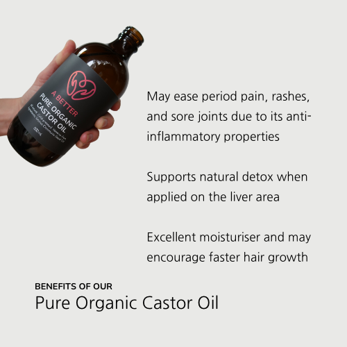 List of the main benefits of castor oil with bottle in the corner