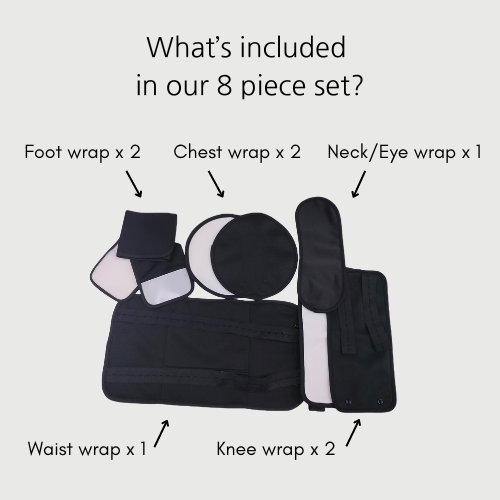 Our 8 piece set with list of the wraps included: Waist wrap x 1, Knee wrap x 2, Foot wrap x 2, chest wrap x 2, Neck/eye wrap x 1