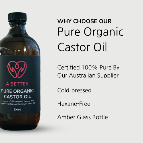 Castor oil bottle with text on the main features of our pure organic castor oil