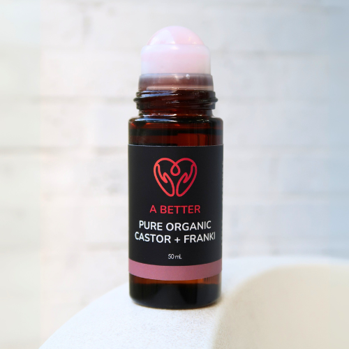 Pure Organic Castor Oil and Frankincense Roll-On 50mL - Amber Glass Bottle Rose Quartz Roller