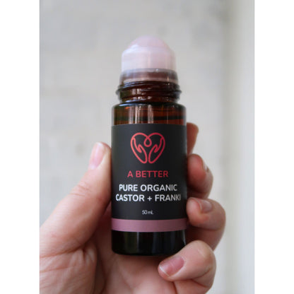 Pure Organic Castor Oil and Frankincense Roll-On 50mL - Amber Glass Bottle Rose Quartz Roller