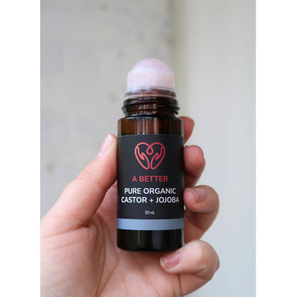 Pure Organic Castor Oil and Jojoba Roll-On 50mL - Amber Glass Bottle Rose Quartz Roller