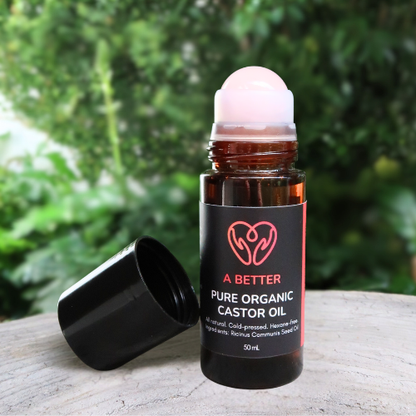 Pure Organic Castor Oil Roll-On 50mL - Amber Glass Bottle Rose Quartz Roller