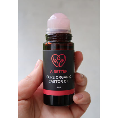 Pure Organic Castor Oil Roll-On 50mL - Amber Glass Bottle Rose Quartz Roller
