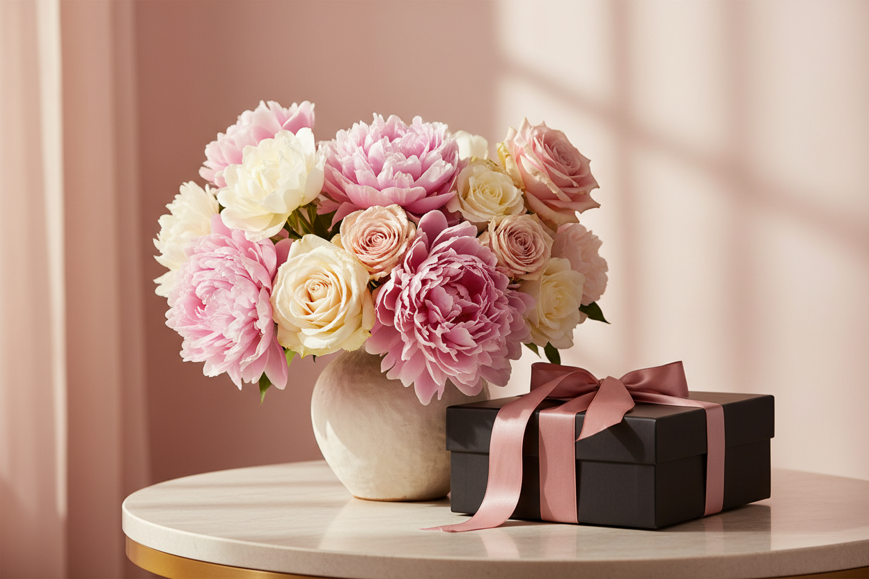 flowers and gift box