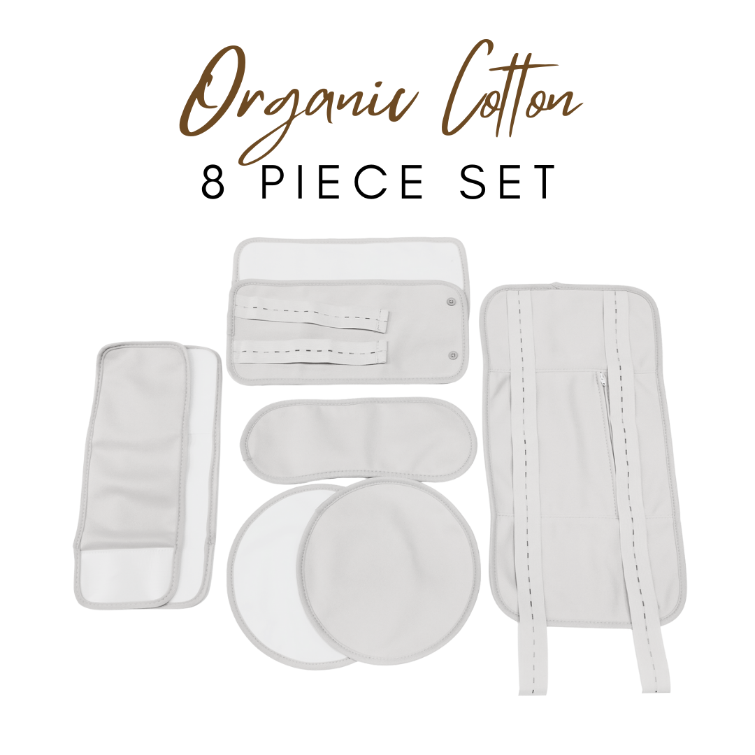 Organic Cotton Castor Oil Pack, 8-piece set for detox and relaxation, white color.