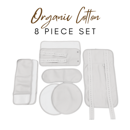 Organic Cotton Castor Oil Pack, 8-piece set for detox and relaxation, white color.