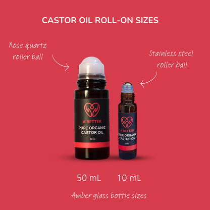 Castor oil roll-on sizes, 50ml and 10ml, with red background