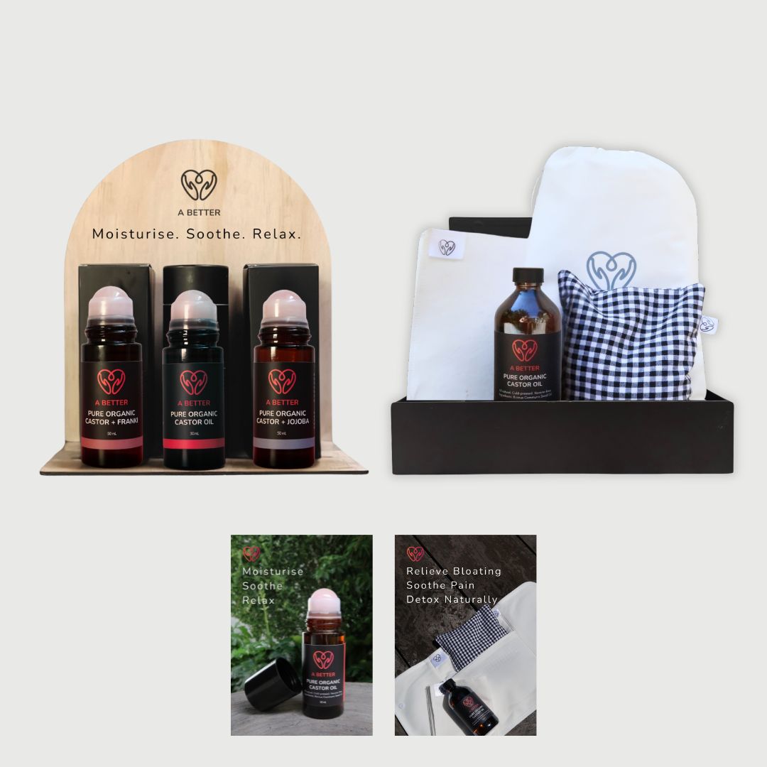 Collection of A Better products including cast oil roller bottles, a heat pack, and promotional materials on a white background.