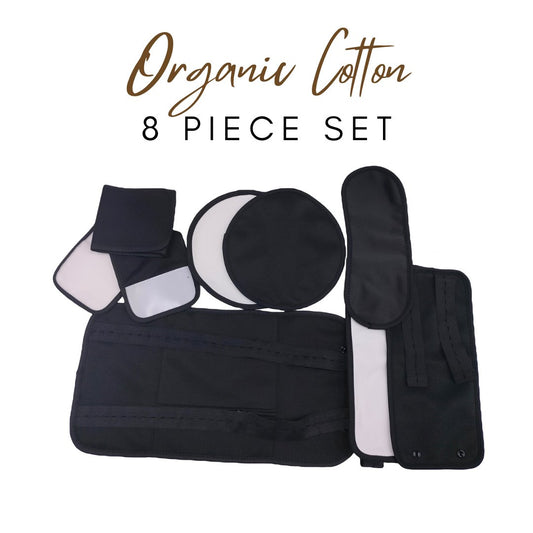 Organic Cotton Castor Oil Pack, 8-piece set for detox and relaxation, black color.