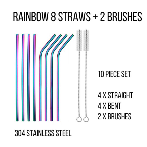 Stainless Steel Straws Reuseable - Set of 10 - Home & Garden:Kitchen, Dining, Bar:Kitchen Tools & Gadgets:Other - Rainbow 8 Straws + 2 Brushes - - A Better Marketplace